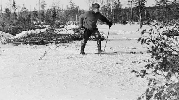 Mies suksilla lumisessa metsässä vetäen jotakin